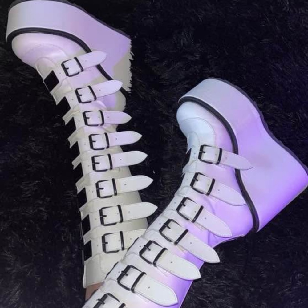 Demonia White Multi-Buckle Platform Boots